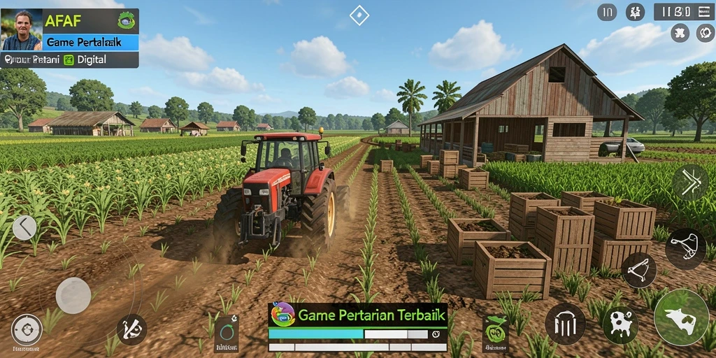 Screenshot utama AFAF menampilkan momen seru saat panen tanaman.