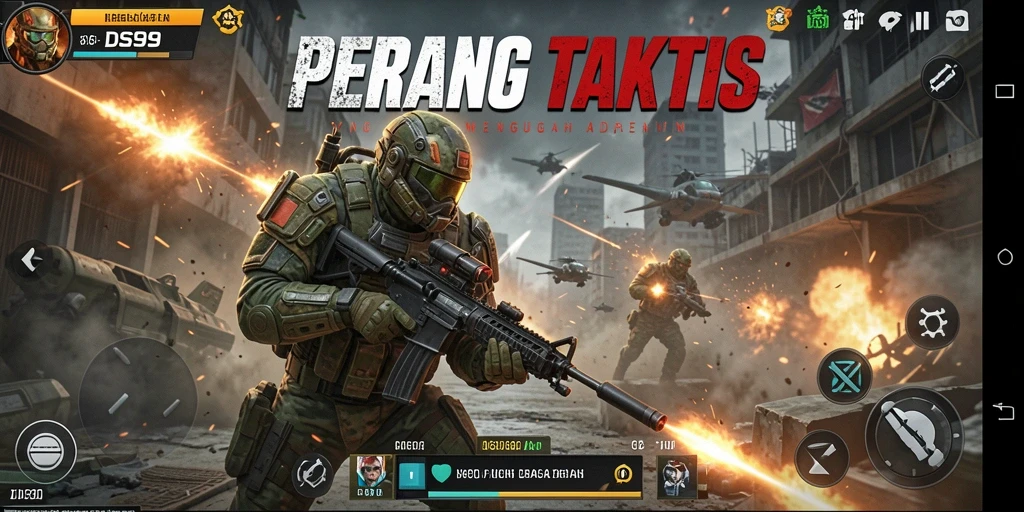 Screenshot menunjukkan aksi intens di DS99 dengan gameplay FPS yang seru.