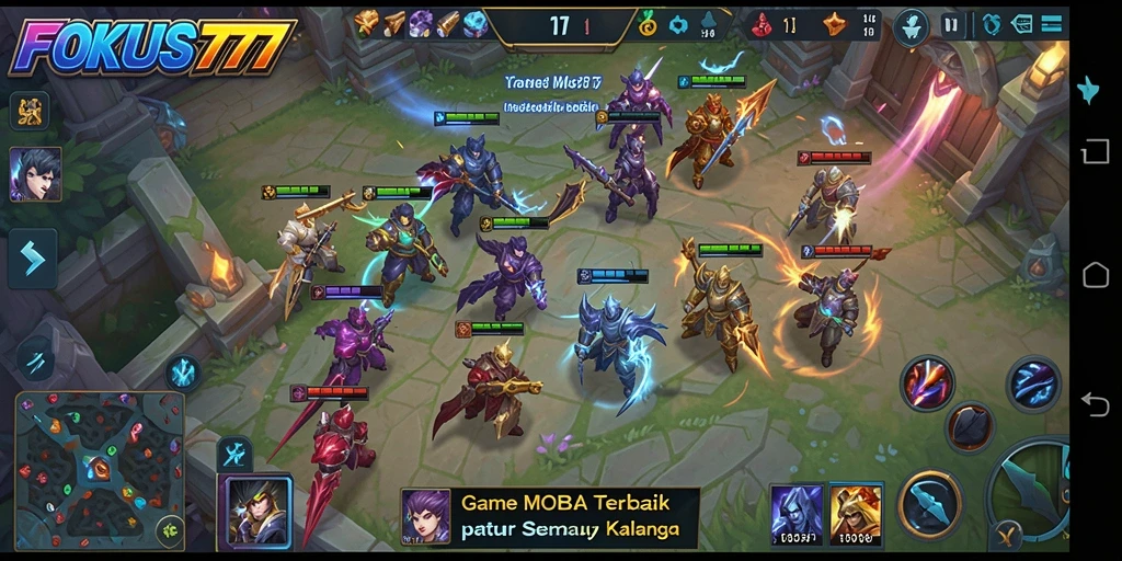 Screenshot gameplay FOKUS777 yang menampilkan aksi MOBA yang intens.