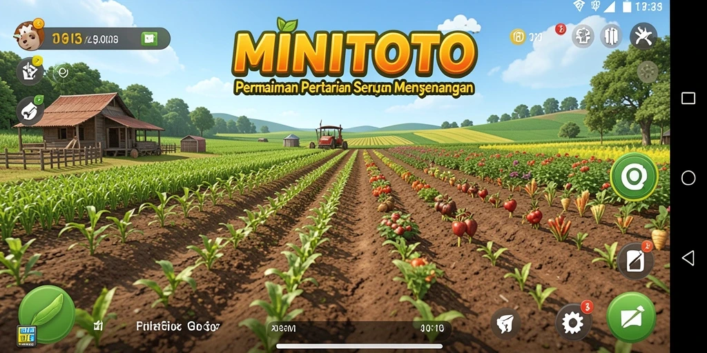 Tampak screenshot gameplay MINITOTO, menunjukkan ladang yang subur dan aktivitas bercocok tanam.