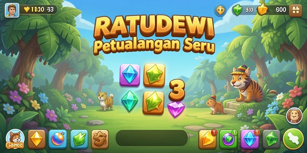 Screenshot RATUDEWI menampilkan gameplay seru dalam mencocokkan permata.