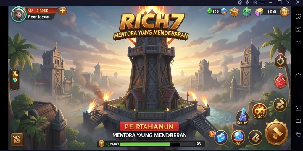 Screenshot gameplay RICH7 yang menunjukkan pertarungan Tower Defense yang mendebarkan.